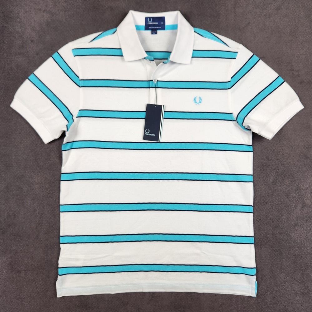 Fred Perry Polo Shirt Mens Medium White Carbon Blue Striped Pique M5202 NEW